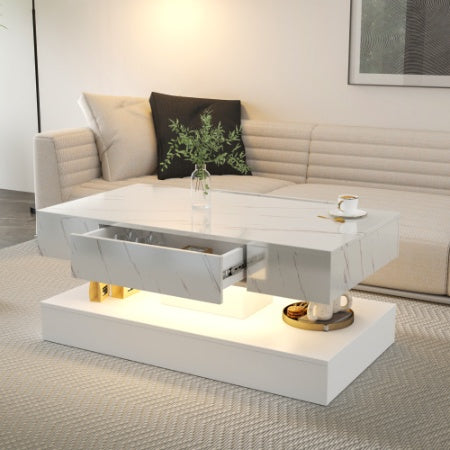 Remote-controlled RGB LED lights of the 6.93IN High LED Coffee Table creating a cozy ambiance.