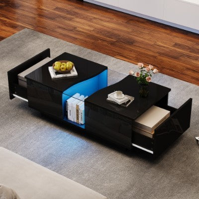 Led Coffee Table With 2 Drawer Storage, High Gloss Coffee Table For Living Room Unique Shape Centre Table With 16-Color Led Lights,End Table For Home Office Furniture, Black by null
