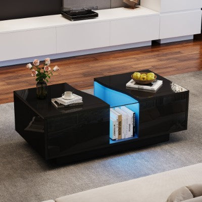 Stylish black coffee table with dual drawers for storage, integrating modern aesthetics with functionality.