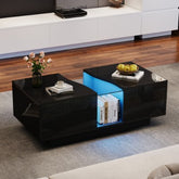 Stylish black coffee table with dual drawers for storage, integrating modern aesthetics with functionality.