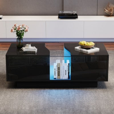 Sleek Led Coffee Table with 2 Drawer Storage, featuring a high gloss finish, unique shape, and customizable 16-color LED lights, ideal for modern living rooms.