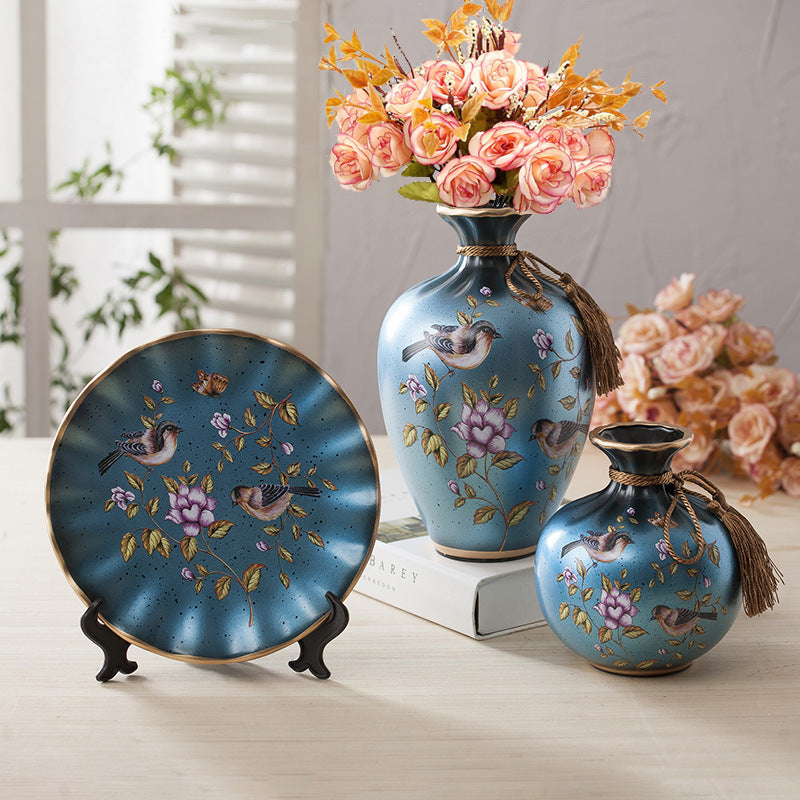 Stylish Three-piece European-style Ceramic Vase set showcasing stunning design and intricate inlay, perfect for any living space.