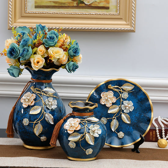 Three-piece European-style Ceramic Vase displayed elegantly on a table, showcasing intricate inlay designs.