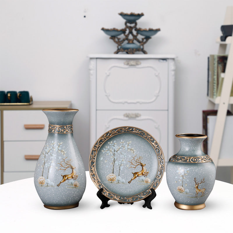 Elegant Three-piece European-style Ceramic Vase set showcasing intricate inlay designs.