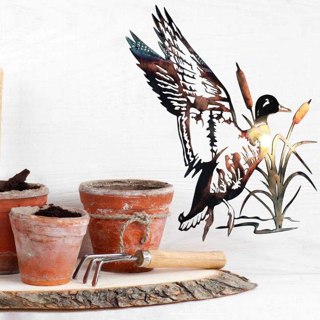 Stylish display of Home Decor Mallard Alloy Wall Art mounted on a wall, enhancing modern and rustic living spaces.