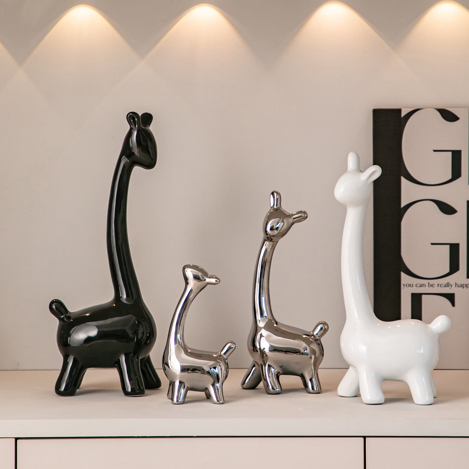 Deer Home Ornament Ceramic Decorative Ornaments - Family of four ceramic deer figurines in stylish black and white, ideal for adding charm to your living space.