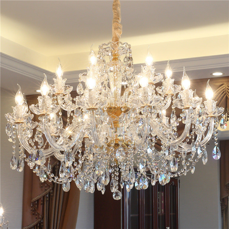 Luxury Crystal Chandelier in Living Room casting beautiful light patterns and adding elegance.