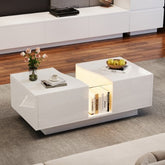 Led Coffee Table with 2 Drawer Storage showcasing its unique shape and high gloss finish, perfect for living rooms.
