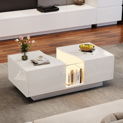 Led Coffee Table With 2 Drawer Storage, High Gloss Coffee Table For Living Room Unique Shape Centre Table With 16-Color Led Lights,End Table For Home Office Furniture, White