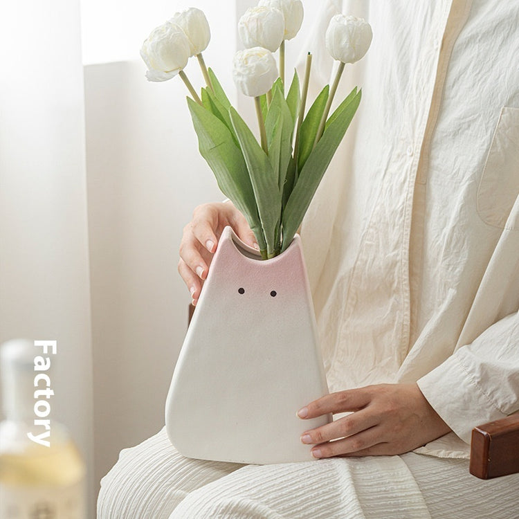 Simple Cute Cat Style Ceramic Vase featuring a playful black cat design, ideal for adding character to your home decor.
