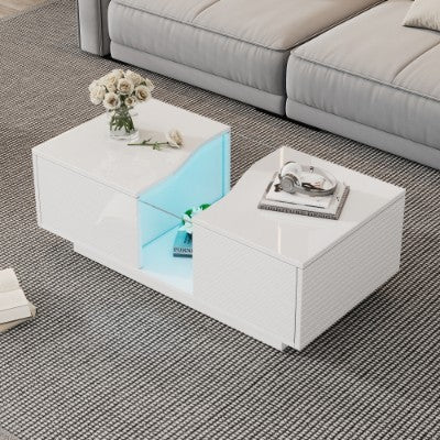 Stylish white Led Coffee Table with unique shape, dual storage drawers, and vibrant LED lights controlled via an app, ideal for home office furniture.