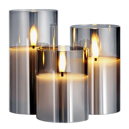 Close-up of realistic Flameless LED Candles 3 Pack, highlighting their texture and size variety for a cozy atmosphere.