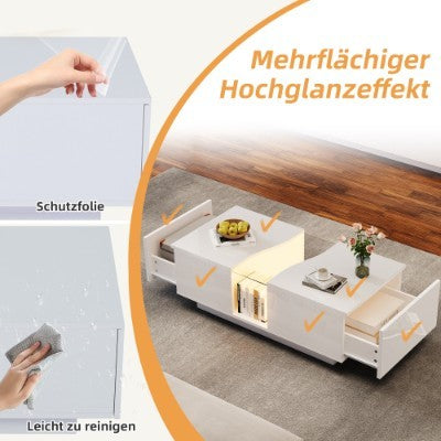 Modern Led Coffee Table with unique design, featuring high-gloss finish and mobile app control for its vibrant LED lights, perfect for cozy evenings.