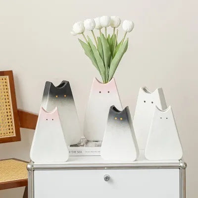 Simple Cute Cat Style Ceramic Vase featuring a playful pink and white cat design, perfect for floral displays and home decor.