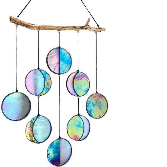 Close-up of the Rainbow Hanging Art Wall Decoration featuring vibrant colors and celestial motifs, perfect for enhancing a cozy outdoor area or living space.