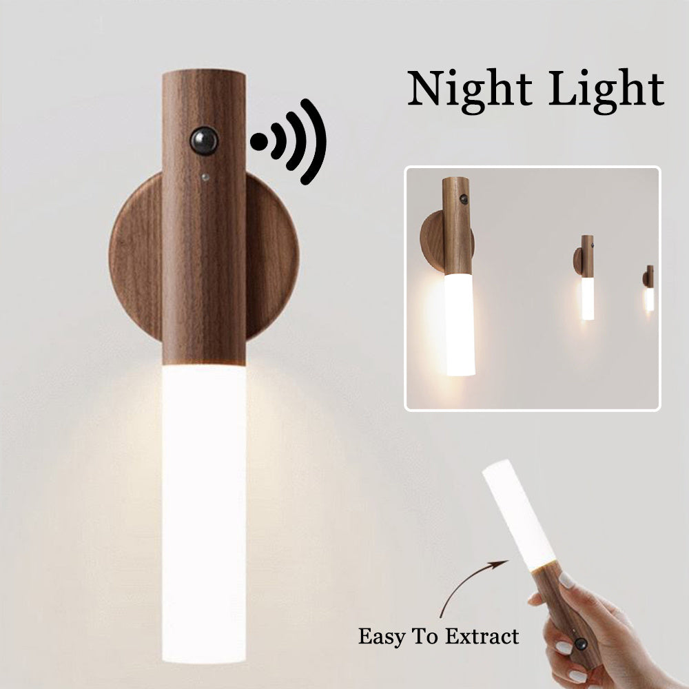 Auto LED USB Magnetic Wood Wireless Night Light illuminating a cozy corridor with PIR motion sensor technology.