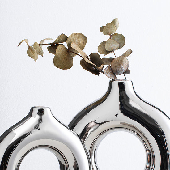 Close-up of the Electroplated Silver Ceramic Vase with a shimmering titanium silver finish, adding elegance to any space.