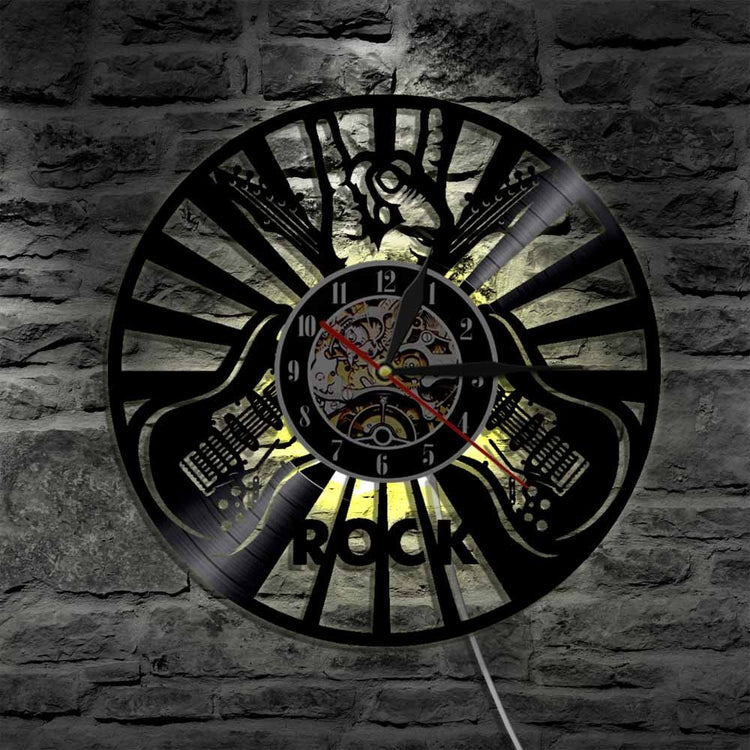 Stylish Rock Music Party Vinyl Clock as a unique wall decoration and timekeeping piece.