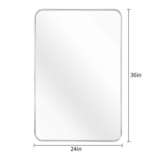 24x36 Inch Silver Metal Framed Rectangular Bathroom Mirror displayed in a stylish bathroom environment.