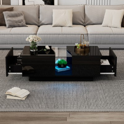 Sleek high gloss coffee table for living room, featuring dual storage drawers and customizable LED options.