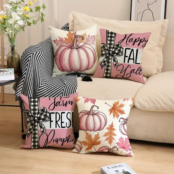 Set of 4Pcs Pillow Covers 18x18In featuring vibrant pumpkin and maple leaf designs, perfect for Thanksgiving sofa and couch decorations.