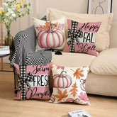 Set of 4Pcs Pillow Covers 18x18In featuring vibrant pumpkin and maple leaf designs, perfect for Thanksgiving sofa and couch decorations.