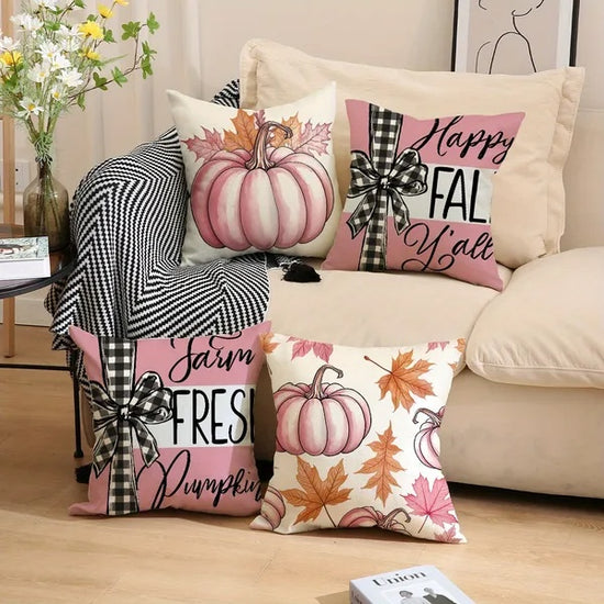 Set of 4Pcs Pillow Covers 18x18In featuring vibrant pumpkin and maple leaf designs, perfect for Thanksgiving sofa and couch decorations.