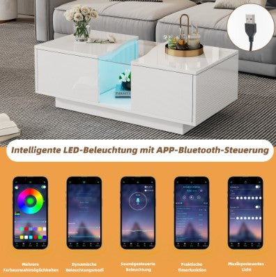 Stylish white Led Coffee Table with dual storage drawers, designed for modern living spaces and ambiance customization.