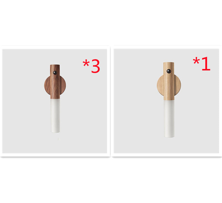Battery-powered Auto LED USB Magnetic Wood Wireless Night Light with simple magnetic installation for easy use.
