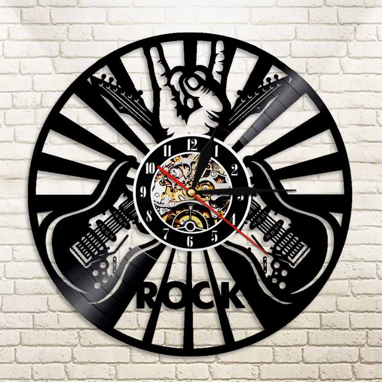 Rock Music Party Vinyl Clock showcasing unique design as stylish home decoration for music lovers.
