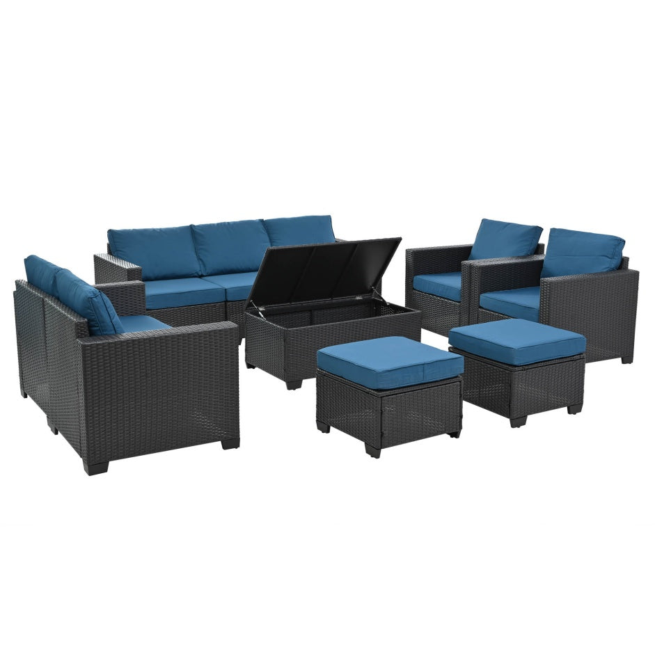 Cozy 10 Piece Patio Furniture Set designed for outdoor entertaining, including chairs, ottomans, and a coffee table for convenience.