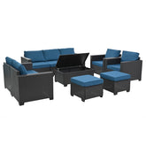 Cozy 10 Piece Patio Furniture Set designed for outdoor entertaining, including chairs, ottomans, and a coffee table for convenience.