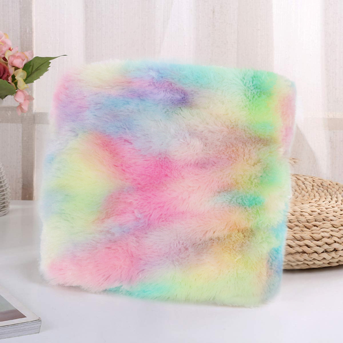 Cozy scene featuring the Plush Faux Fur Blanket for Bed, ideal for sofa lounging with its vibrant rainbow hues.
