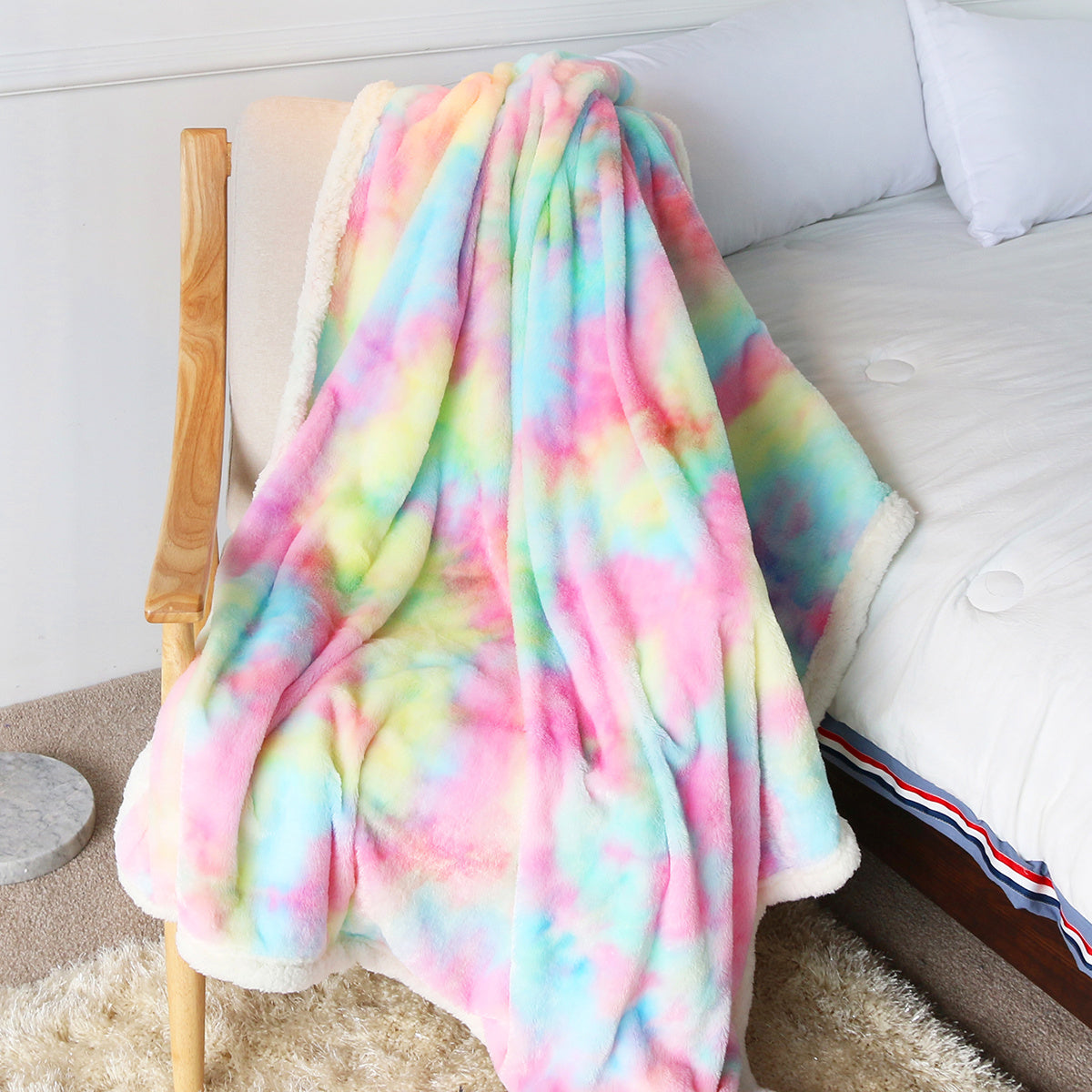 1 Piece Shaggy Blanket Plush Faux Fur Blanket For Bed Sofa Ultra Soft Luxury Sherpa Blanket Rainbow Colorful  Blanke