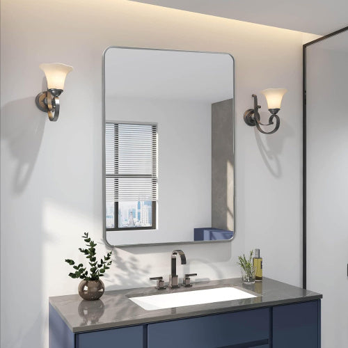 24x36 Inch Silver Metal Framed Rectangular Bathroom Mirror showcasing its elegant design and high-quality aluminum alloy frame.