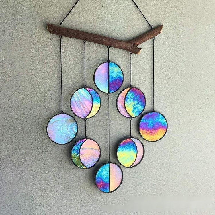 Rainbow Hanging Art Wall Decoration featuring vibrant colors and moon phase design, perfect for home decor.