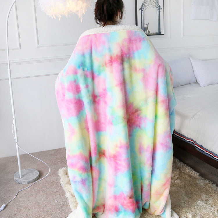 Close-up view of the luxurious 1 Piece Shaggy Blanket made from plush faux fur with rainbow hues, ideal for adding style and comfort to your living space.
