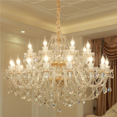 Luxury Crystal Chandelier in Living Room featuring adjustable height for perfect decor fit.