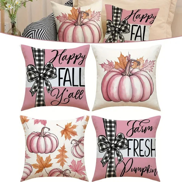 4Pcs Pillow Covers 18x18In featuring vibrant pumpkin and maple leaf designs, perfect for Thanksgiving decor on sofa or couch.