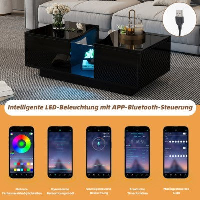 High Gloss Black Led Coffee Table with dual drawer storage, showcasing an innovative design and vibrant LED lighting options for stylish home decor.