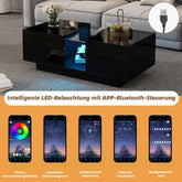 High Gloss Black Led Coffee Table with dual drawer storage, showcasing an innovative design and vibrant LED lighting options for stylish home decor.