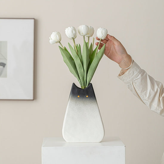 Simple Cute Cat Style Ceramic Vase showcasing a sleek black cat design, ideal for adding charm to your living space.