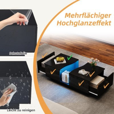 LED coffee table with 2 drawer storage in high gloss black finish, showcasing vibrant 16-color LED lights.