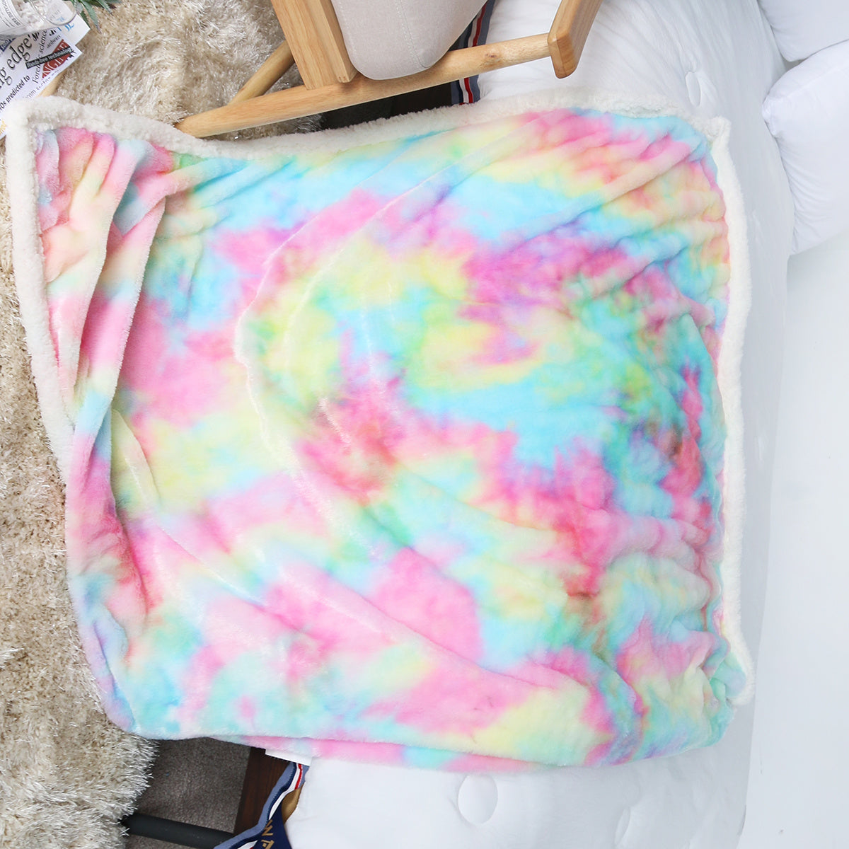 Bright and colorful 1 Piece Shaggy Blanket Plush Faux Fur Blanket in use on a bed, showcasing its vibrant style and comfort for all seasons.
